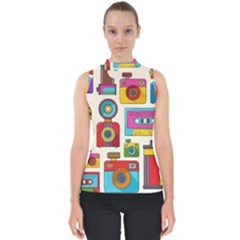 Retro Cameras Audio Cassettes Hand Drawn Pop Art Style Seamless Pattern Mock Neck Shell Top by Vaneshart