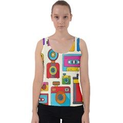 Retro Cameras Audio Cassettes Hand Drawn Pop Art Style Seamless Pattern Velvet Tank Top by Vaneshart