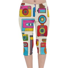 Retro Cameras Audio Cassettes Hand Drawn Pop Art Style Seamless Pattern Velvet Capri Leggings  by Vaneshart