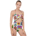 Retro Cameras Audio Cassettes Hand Drawn Pop Art Style Seamless Pattern Scallop Top Cut Out Swimsuit View1