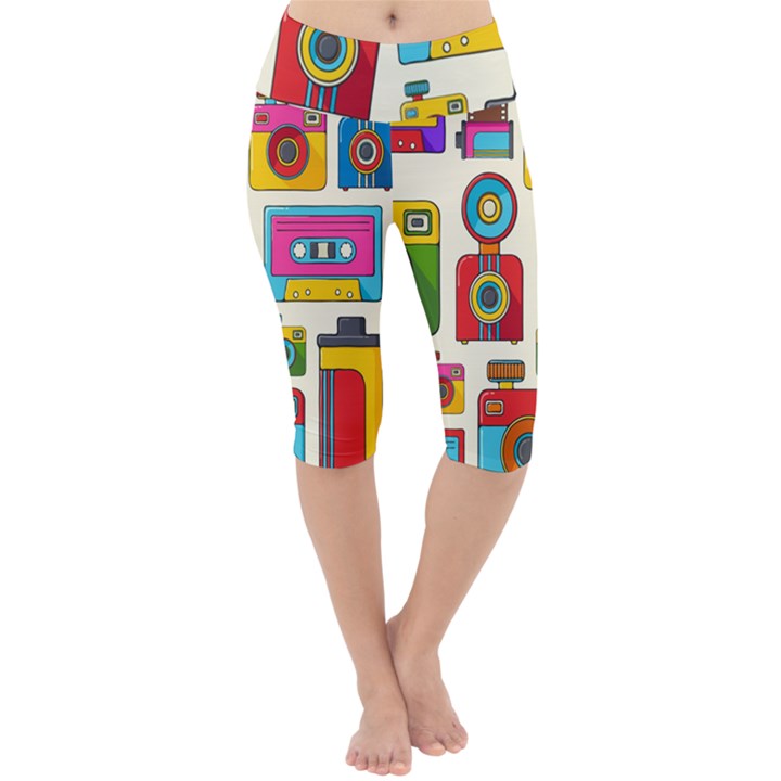 Retro Cameras Audio Cassettes Hand Drawn Pop Art Style Seamless Pattern Lightweight Velour Cropped Yoga Leggings