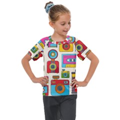 Retro Cameras Audio Cassettes Hand Drawn Pop Art Style Seamless Pattern Kids  Mesh Piece Tee