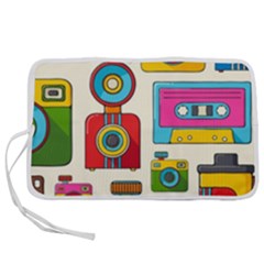 Retro Cameras Audio Cassettes Hand Drawn Pop Art Style Seamless Pattern Pen Storage Case (m) by Vaneshart