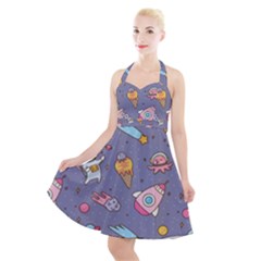 Outer Space Seamless Background Halter Party Swing Dress 