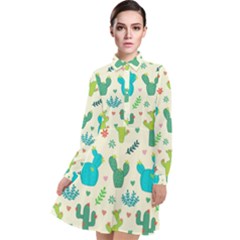 Cactus Succulents Floral Seamless Pattern Long Sleeve Chiffon Shirt Dress by Vaneshart