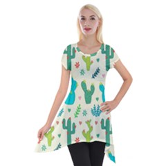 Cactus Succulents Floral Seamless Pattern Short Sleeve Side Drop Tunic by Vaneshart