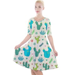 Cactus Succulents Floral Seamless Pattern Quarter Sleeve A-line Dress by Vaneshart