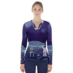 Alien Astronaut Scene V-neck Long Sleeve Top by Vaneshart