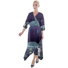 Alien Astronaut Scene Quarter Sleeve Wrap Front Maxi Dress by Vaneshart