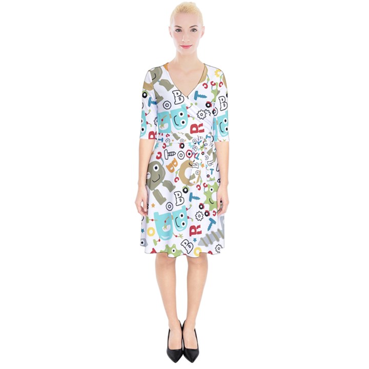 Seamless Pattern Vector With Funny Robots Cartoon Wrap Up Cocktail Dress