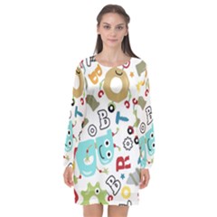 Seamless Pattern Vector With Funny Robots Cartoon Long Sleeve Chiffon Shift Dress 