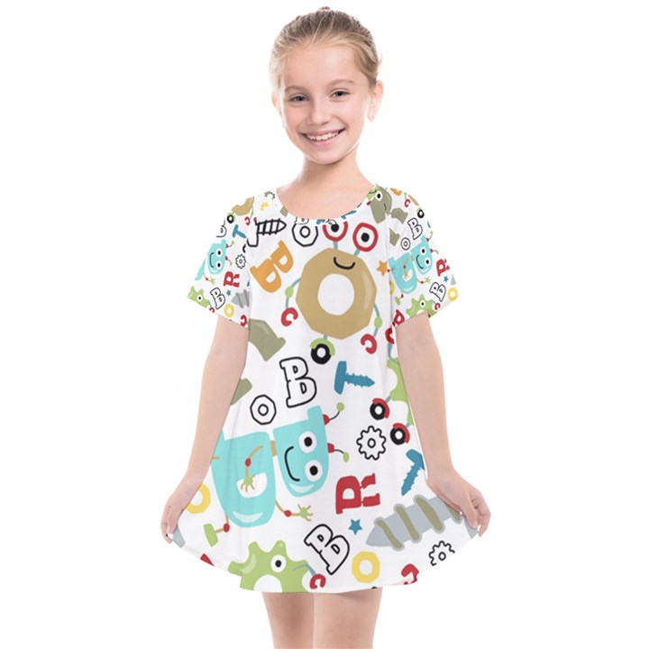 Seamless Pattern Vector With Funny Robots Cartoon Kids  Smock Dress