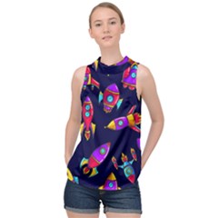 Space Patterns High Neck Satin Top by Vaneshart