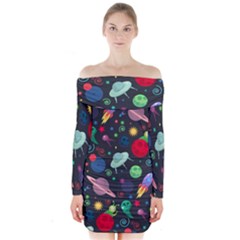 Cosmos Ufo Concept Seamless Pattern Long Sleeve Off Shoulder Dress by Vaneshart