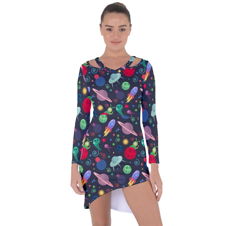 Cosmos Ufo Concept Seamless Pattern Asymmetric Cut-Out Shift Dress