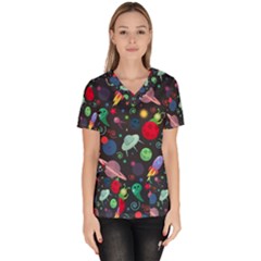 Cosmos Ufo Concept Seamless Pattern Women s V-neck Scrub Top by Vaneshart