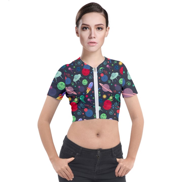 Cosmos Ufo Concept Seamless Pattern Short Sleeve Cropped Jacket