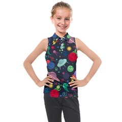 Cosmos Ufo Concept Seamless Pattern Kids  Sleeveless Polo Tee