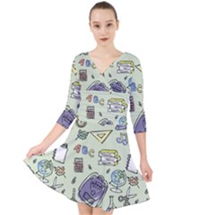 Hand Drawn Pattern School Quarter Sleeve Front Wrap Dress by Vaneshart