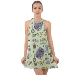 Hand Drawn Pattern School Halter Tie Back Chiffon Dress by Vaneshart