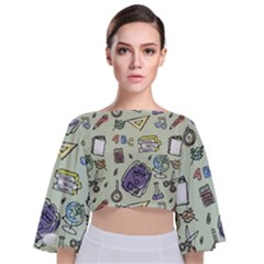 Hand Drawn Pattern School Tie Back Butterfly Sleeve Chiffon Top by Vaneshart