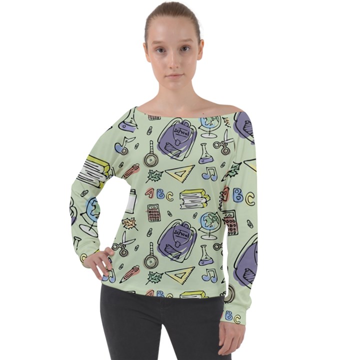 Hand Drawn Pattern School Off Shoulder Long Sleeve Velour Top