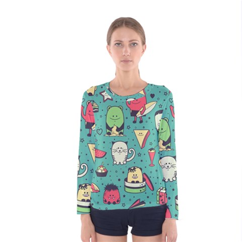 Seamless Pattern With Funny Monsters Cartoon Hand Drawn Characters Unusual Creatures Women s Long Sleeve Tee by Vaneshart