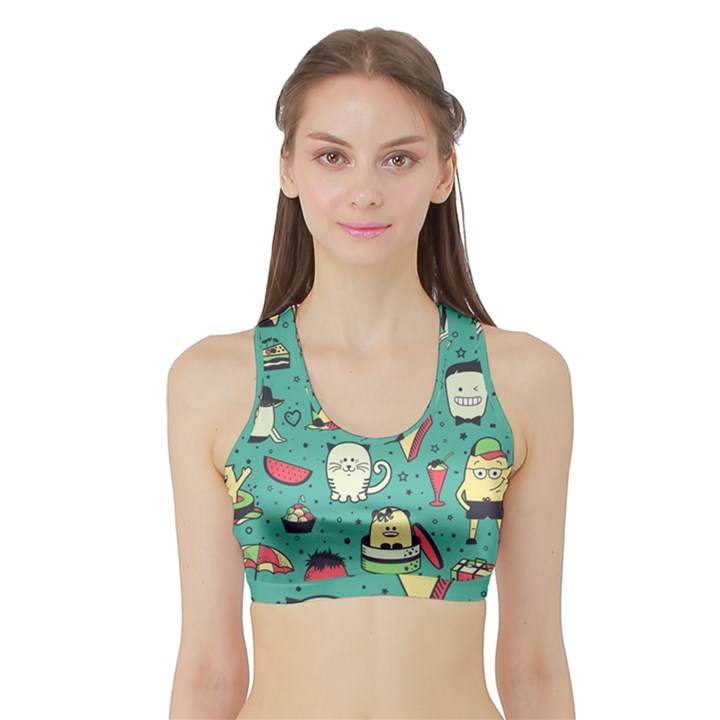 Seamless Pattern With Funny Monsters Cartoon Hand Drawn Characters Unusual Creatures Sports Bra with Border