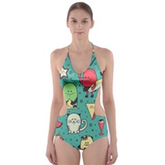 Seamless Pattern With Funny Monsters Cartoon Hand Drawn Characters Unusual Creatures Cut-out One Piece Swimsuit by Vaneshart