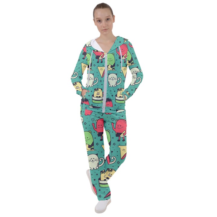 Seamless Pattern With Funny Monsters Cartoon Hand Drawn Characters Unusual Creatures Women s Tracksuit