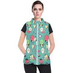 Seamless Pattern With Funny Monsters Cartoon Hand Drawn Characters Unusual Creatures Women s Puffer Vest by Vaneshart