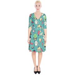 Seamless Pattern With Funny Monsters Cartoon Hand Drawn Characters Unusual Creatures Wrap Up Cocktail Dress by Vaneshart