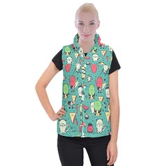 Seamless Pattern With Funny Monsters Cartoon Hand Drawn Characters Unusual Creatures Women s Button Up Vest by Vaneshart