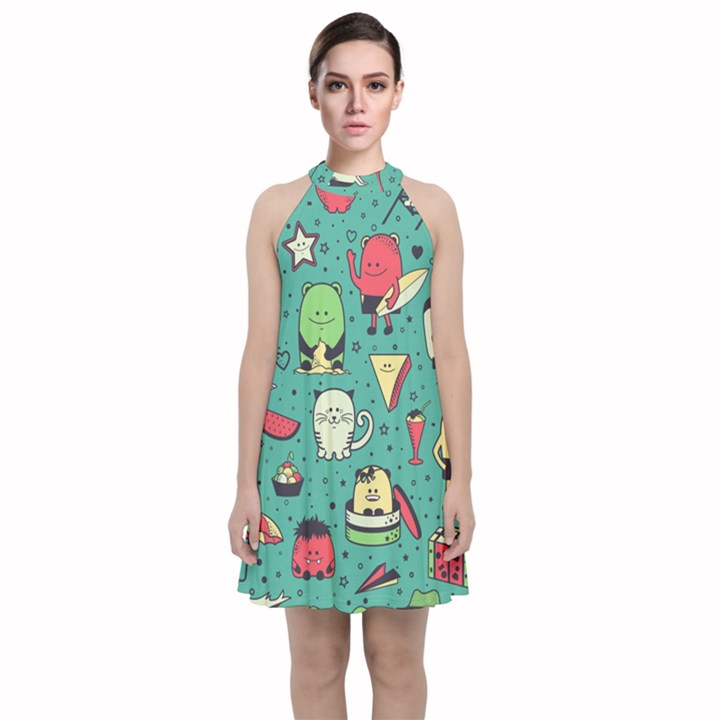 Seamless Pattern With Funny Monsters Cartoon Hand Drawn Characters Unusual Creatures Velvet Halter Neckline Dress 