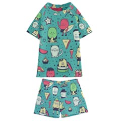 Seamless Pattern With Funny Monsters Cartoon Hand Drawn Characters Unusual Creatures Kids  Swim Tee And Shorts Set by Vaneshart