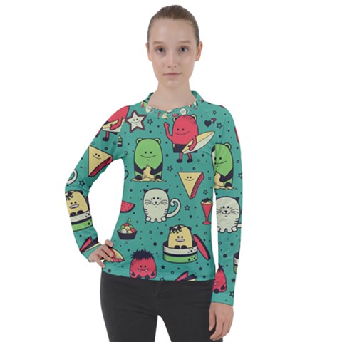 Seamless Pattern With Funny Monsters Cartoon Hand Drawn Characters Unusual Creatures Women s Pique Long Sleeve Tee by Vaneshart