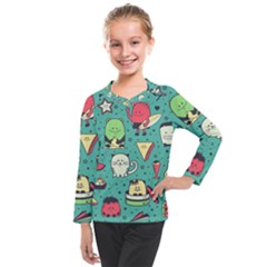 Seamless Pattern With Funny Monsters Cartoon Hand Drawn Characters Unusual Creatures Kids  Long Mesh Tee