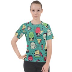 Seamless Pattern With Funny Monsters Cartoon Hand Drawn Characters Unusual Creatures Women s Sport Raglan Tee