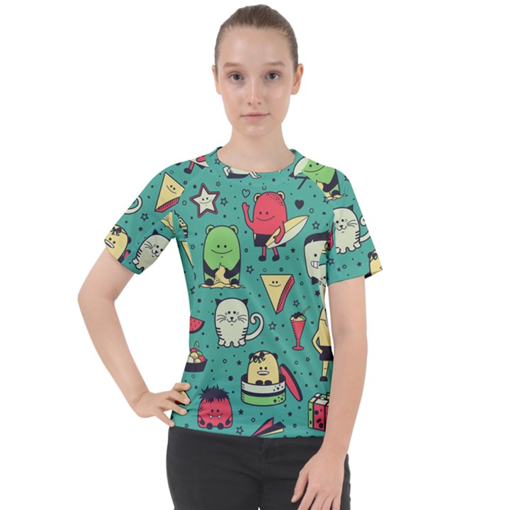 Seamless Pattern With Funny Monsters Cartoon Hand Drawn Characters Unusual Creatures Women s Sport Raglan Tee