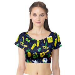 Seamless Brazilian Carnival Pattern With Musical Instruments Short Sleeve Crop Top by Vaneshart