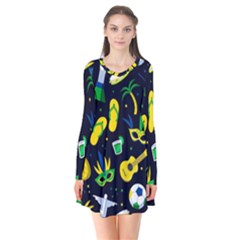 Seamless Brazilian Carnival Pattern With Musical Instruments Long Sleeve V-neck Flare Dress by Vaneshart