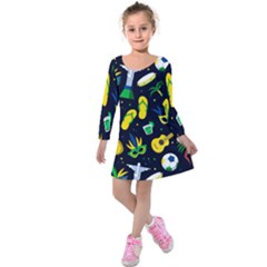 Seamless Brazilian Carnival Pattern With Musical Instruments Kids  Long Sleeve Velvet Dress by Vaneshart