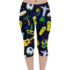 Seamless Brazilian Carnival Pattern With Musical Instruments Velvet Capri Leggings  by Vaneshart