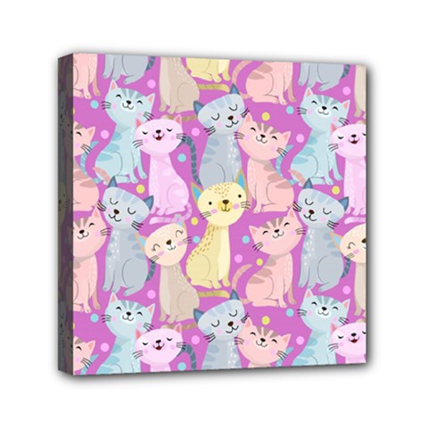 Colorful Cute Cat Seamless Pattern Purple Background Mini Canvas 6  X 6  (stretched) by Vaneshart