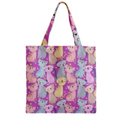 Colorful Cute Cat Seamless Pattern Purple Background Zipper Grocery Tote Bag