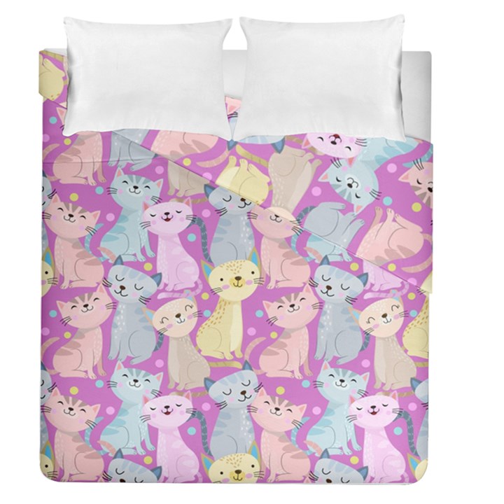 Colorful Cute Cat Seamless Pattern Purple Background Duvet Cover Double Side (Queen Size)