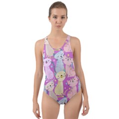 Colorful Cute Cat Seamless Pattern Purple Background Cut-out Back One Piece Swimsuit by Vaneshart