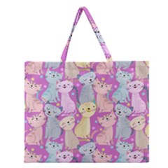 Colorful Cute Cat Seamless Pattern Purple Background Zipper Large Tote Bag by Vaneshart