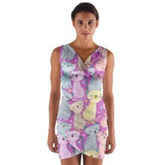 Colorful Cute Cat Seamless Pattern Purple Background Wrap Front Bodycon Dress by Vaneshart