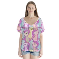 Colorful Cute Cat Seamless Pattern Purple Background V-neck Flutter Sleeve Top by Vaneshart